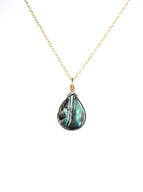 Abalone necklace, shell necklace, teardrop pendant, everyday necklace, a wire wrapped abalone shell on a 14k gold filled chain - 206