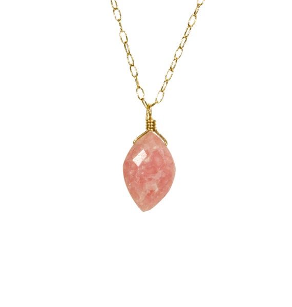 Rhodochrosite necklace, pink crystal pendant, healing crystal necklace, dainty gold necklace, marquise shape, 14k gold filled chain