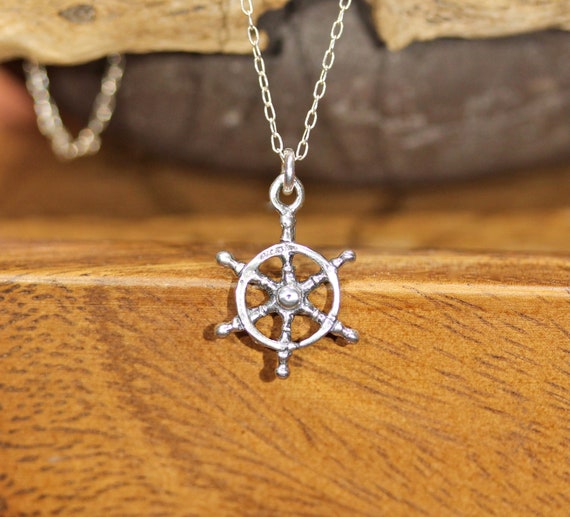 Silver ship wheel necklace, nautical necklace, captains wheel pendant in silver, boat wheel, pirate necklace, traveler necklace, lost at sea