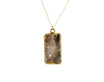 Black crystal necklace: Druzy Rectangle Pendant, 14k gold filled chain