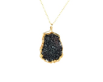 Gold Lined Black Druzy Necklace, Sparkly Crystal, 14k Gold Filled Chain