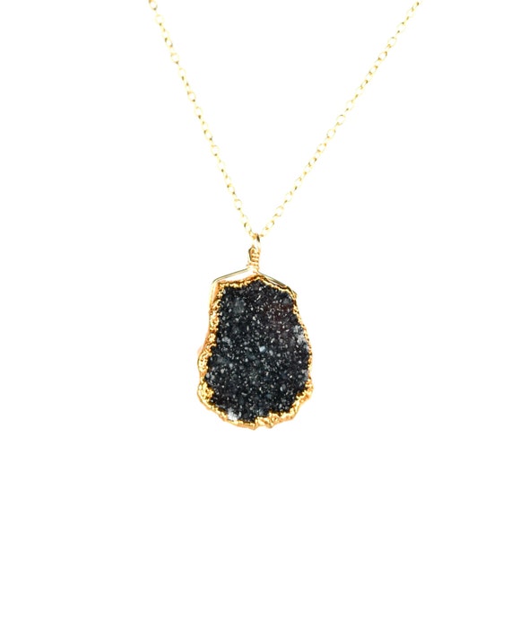 Black crystal necklace, druzy necklace, raw healing crystal, sparkly crystal jewelry, a gold lined black druzy on a 14k gold filled chain