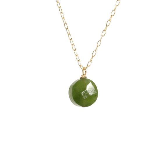 Canadian Jade necklace, dot necklace, healing stone green pendant, dainty 14k gold filled necklace, gift under 30