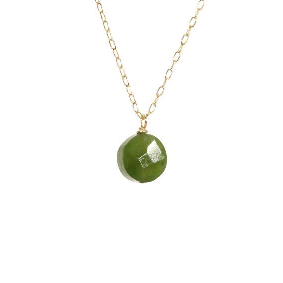 Jade necklace, dot necklace, healing stone green pendant, dainty gold necklace, a round Canadian jade on a 14k gold filled chain