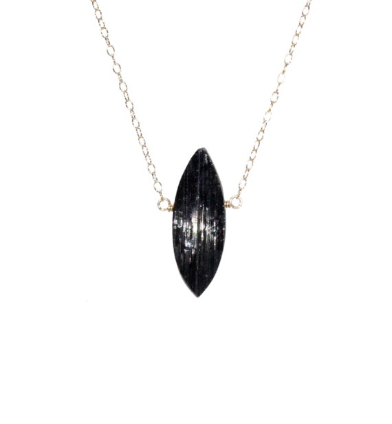 Marquise Tourmaline necklace, black crystal pendant, healing chakra stone pendant, a raw black tourmaline on a 14k gold filled chain