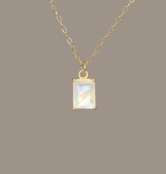 Moonstone necklace, rainbow moonstone pendant, crystal necklace, June birthstone, a rectangle moonstone on 14k gold filled chain