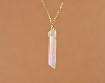 Raw crystal necklace - aura crystal necklace - angel aura quartz - a raw quartz wand wire wrapped onto a 14k gold vermeil chain