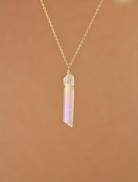 Raw crystal necklace - aura crystal necklace - angel aura quartz - a raw quartz wand wire wrapped onto a 14k gold vermeil chain