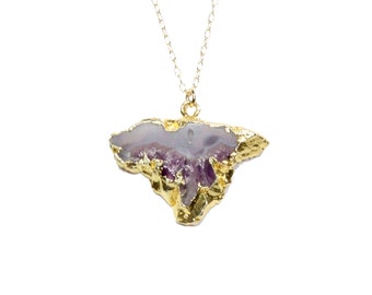 Raw Amethyst Slice Necklace: Gold Dipped Crystal, 14k Gold Filled Chain