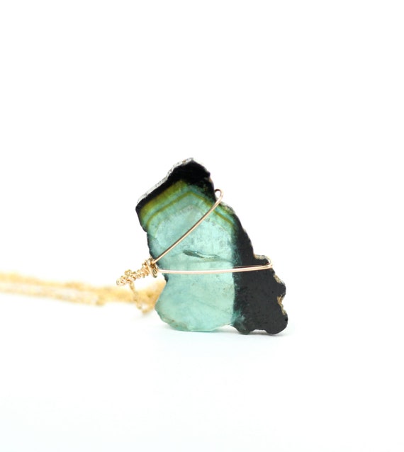 Tourmaline necklace, green tourmaline pendant, raw crystal necklace, healing crystal pendant, wire wrapped healing stone, 14k gold filled