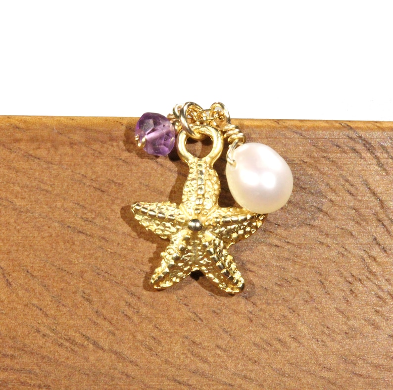 14k gold filled chain Starfish and pearl necklace ocean lover gold sea star pendant surfer amethyst necklace tropical beach necklace