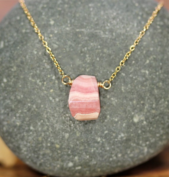 Rhodochrosite necklace, pink stone necklace, healing crystal necklace, light pink crystal, 14k gold filled satellite chain, wire wrapped gem