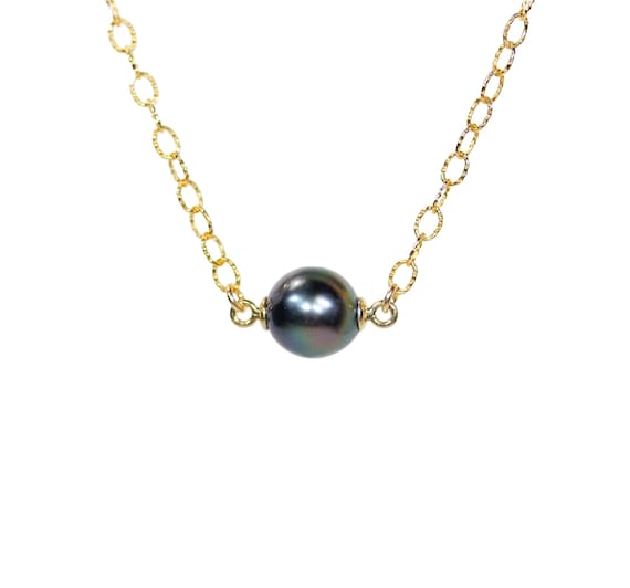 Tahitian Pearl Necklace, south sea pearl jewelry, AA Tahitian pearl pendant, black pearl, Tahitian peacock pearl, floating pearl necklace