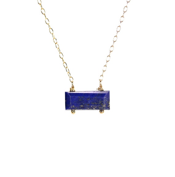 Blue Lapis Rectangle Necklace: Horizontal Bar Pendant, September Birthstone, 14K Gold Filled Chain