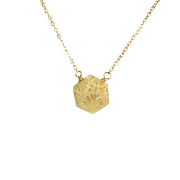 Flower jasper necklace, earth tone jasper stone necklace, hexagon necklace, boho necklace, dainty 14k gold filled chain
