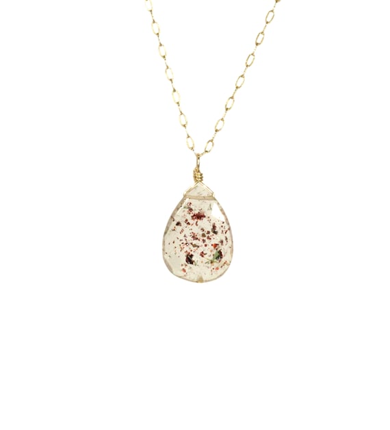 Quartz necklace, strawberry quartz drop, crystal necklace, red fire quartz, healing crystal, a quartz drop on a 14k gold filled chain