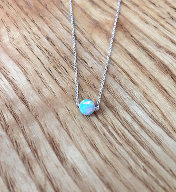 Opal Dot Necklace: Tiny Aqua Solitaire Pendant on a Dainty Sterling Silver Chain