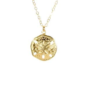 Gold sand dollar necklace, delicate necklace, beach jewelry, surfer necklace, a14k gold filled gold sand dollar on a 14k gold filled chain