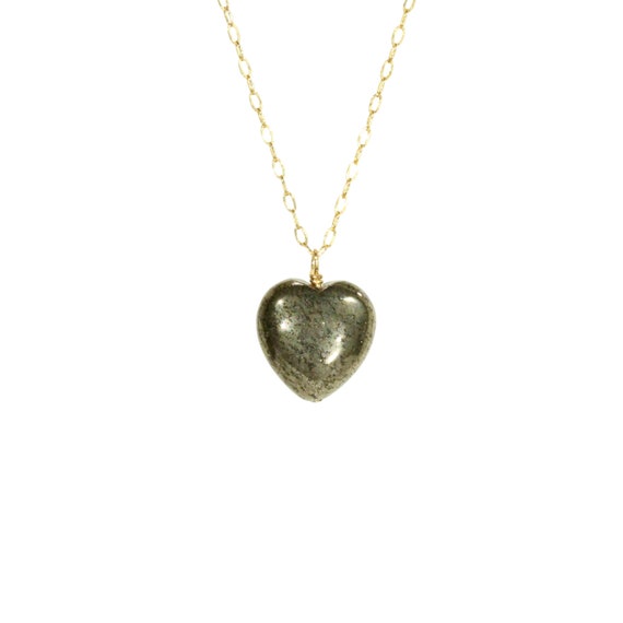 Pyrite necklace, crystal heart necklace, healing stone pendant, gift for her, boho necklace, 14k gold filled chain