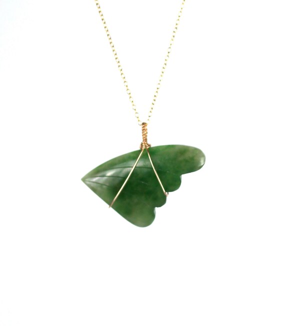 Wing necklace - jade necklace - jade leaf necklace - angel wing -a genuine jade wing wire wrapped onto a 14k gold vermeil chain