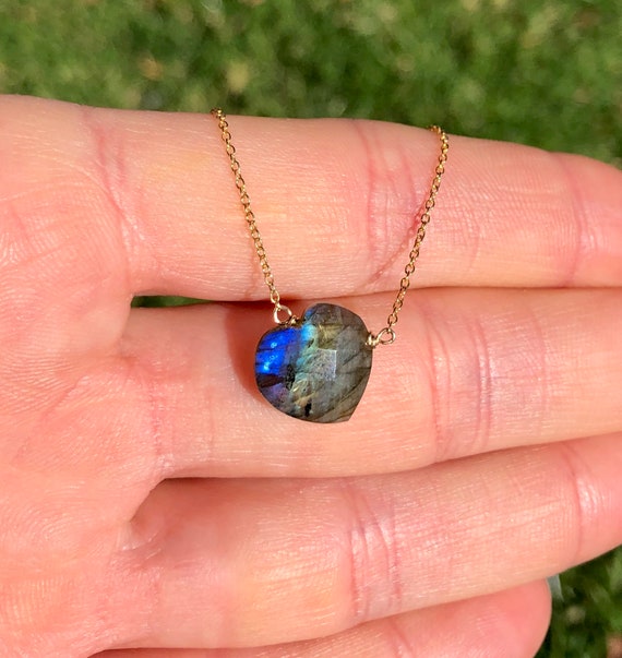 Labradorite necklace, crystal heart necklace, labradorite heart pendant, rainbow crystal, blue flash, healing crystal necklace