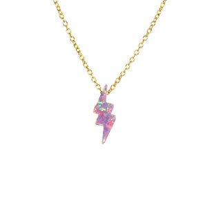 May include: A gold chain necklace with a pink opal lightning bolt pendant.