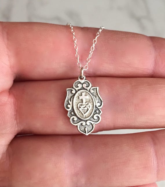 Sacred Heart of Jesus Necklace: Sterling Silver Virgin Mary Pendant, Catholic Medallion Crest