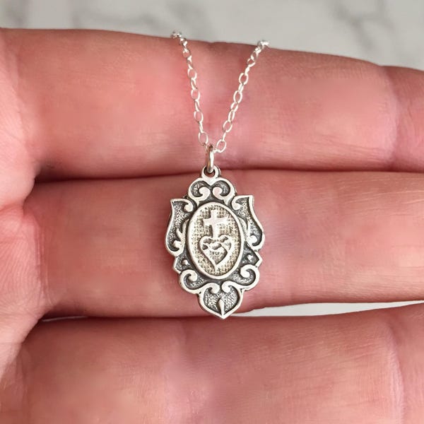 Sacred Heart of Jesus Necklace: Sterling Silver Virgin Mary Pendant, Catholic Medallion Crest