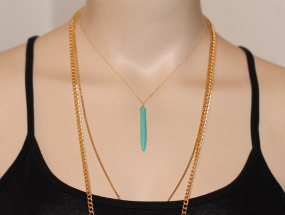 Spike necklace - turquoise spike necklace - layering necklace - a long turquoise point on 14k on a 14k gold filled or sterling silver chain