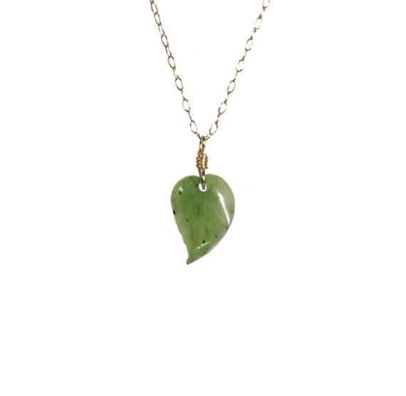 Jade leaf necklace, green leaf pendant, nature lover jewelry, gift for her, plant necklace, green stone necklace, 14k gold filled chain RND