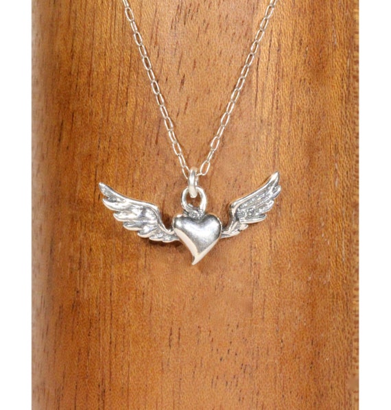 Flying heart necklace in sterling silver, silver heart necklace, flying wings, memorial necklace, remembrance gift, guardian angel