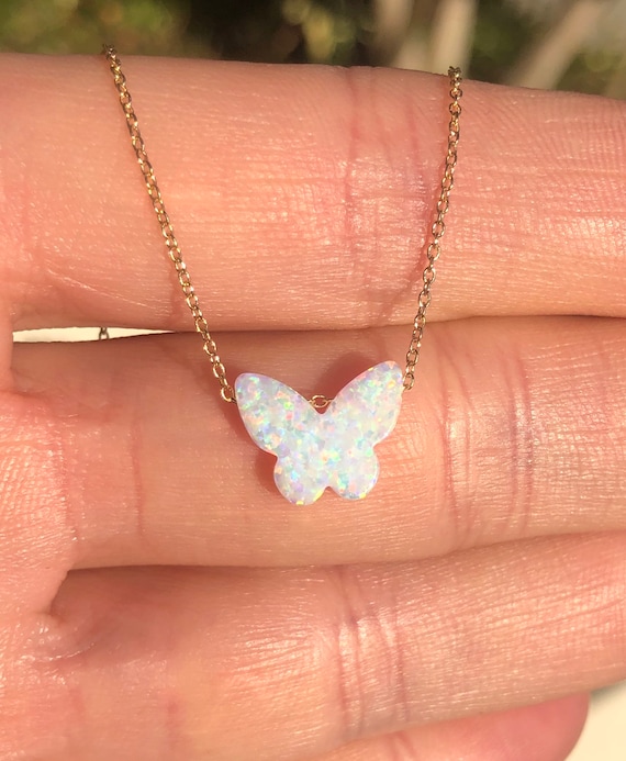 Opal butterfly necklace, fire opal pendant, gift for her, colorful charm, a dainty butterfly on a 14k gold filled or sterling silver chain