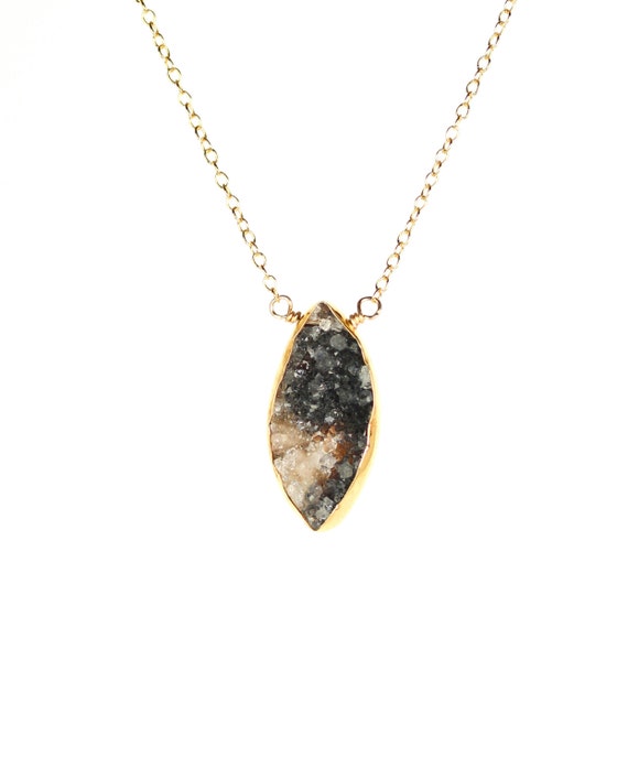 Black crystal necklace, raw crystal necklace, diamond druzy necklace, geode necklace, a gold bezel set black druzy on 14k gold filled chain