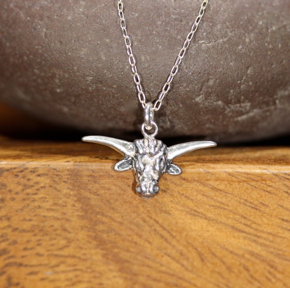 Silver bull necklace, western jewelry, bull head necklace, silver bull horns, longhorn bull skull, fun gift idea, cowgirl necklace