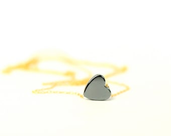 Heart necklace - hematite necklace - tiny heart charm - horizontal necklace - a little heart on a 14k gold vermeil or sterling silver chain