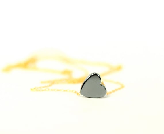 Heart necklace - hematite necklace - tiny heart charm - horizontal necklace - a little heart on a 14k gold vermeil or sterling silver chain