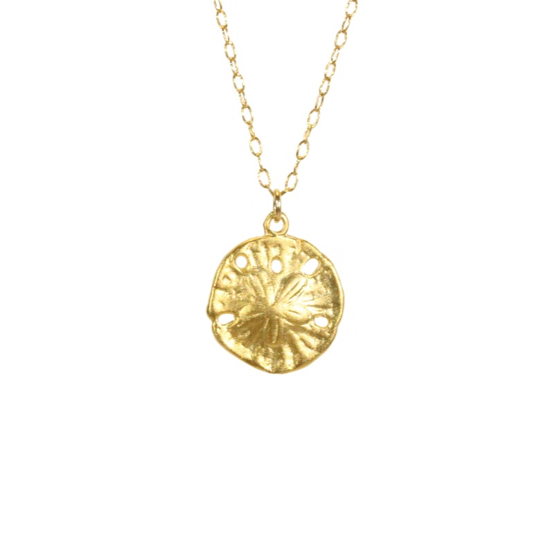 Gold sand dollar necklace, delicate necklace, beach necklace, silver sea star, a 14k gold vermeil sand dollar on a 14k gold filled chain image 1