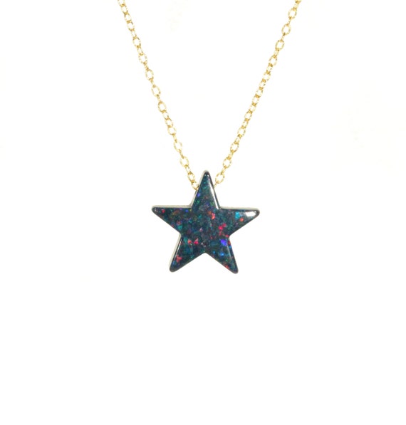 Opal star necklace, black star pendant, dainty gold necklace, celestial necklace, fire opal necklace, flashy opal, 14k gold filled chain