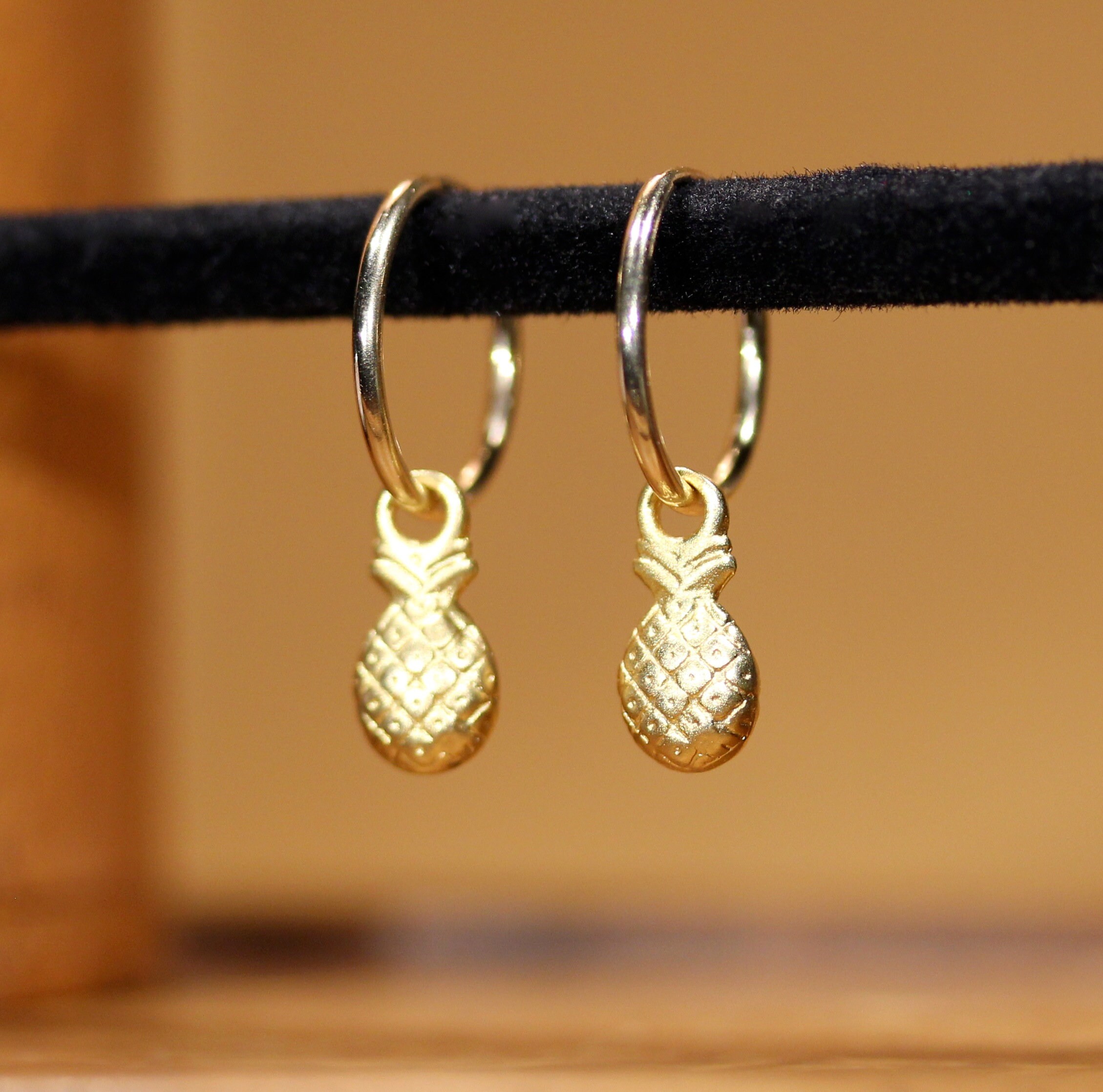 Pineapple earrings, gold hoop earrings, tropical jewelry, destination wedding jewelry, fruit