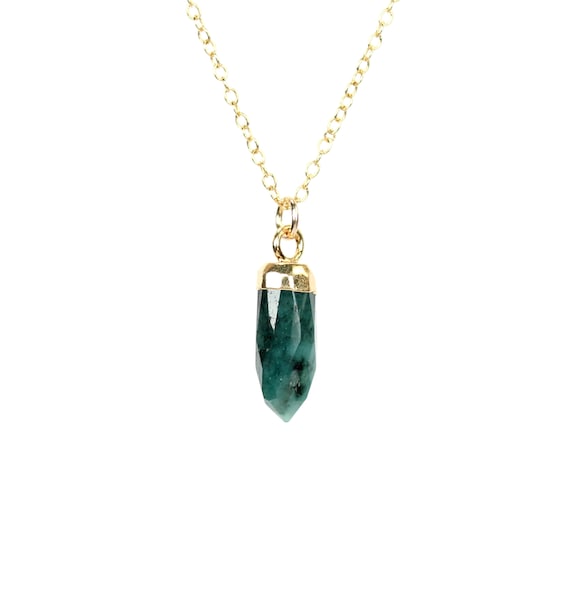 Emerald necklace, green spike necklace, green gem necklace, crystal necklace, chakra necklace, African emerald necklace, 14k gold filled