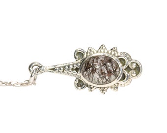 Black Tourmalated Quartz Sterling Silver Necklace: Ornate Goth Crystal