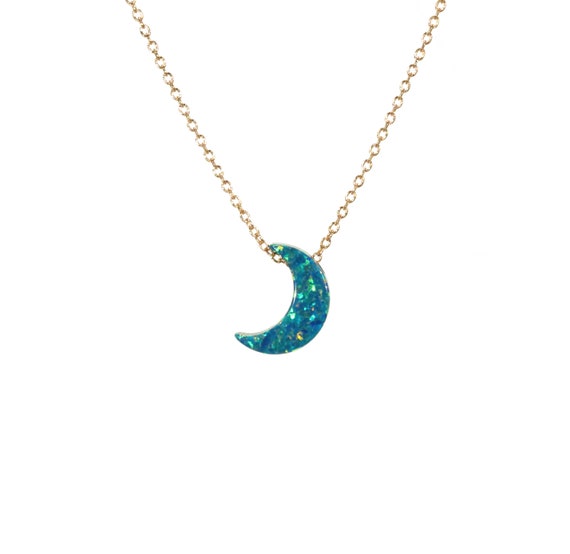 Opal moon necklace, crescent moon jewelry, aqua green opal moon necklace, a half moon on a dainty 14k rose gold filled chain