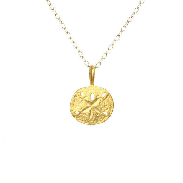 Gold sand dollar necklace, delicate necklace, beach jewelry, a dainty 14k gold vermeil sand dollar on a 14k gold filled chain