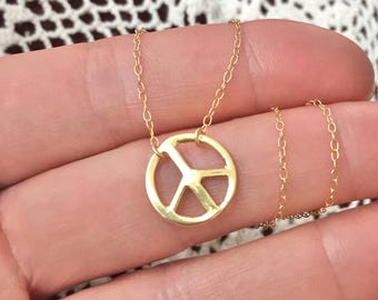 Gold Peace Sign Necklace:  Serenity Pendant, Dainty 14k Gold Filled Chain