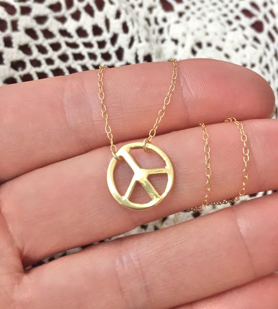 Gold Peace Sign Necklace:  Serenity Pendant, Dainty 14k Gold Filled Chain