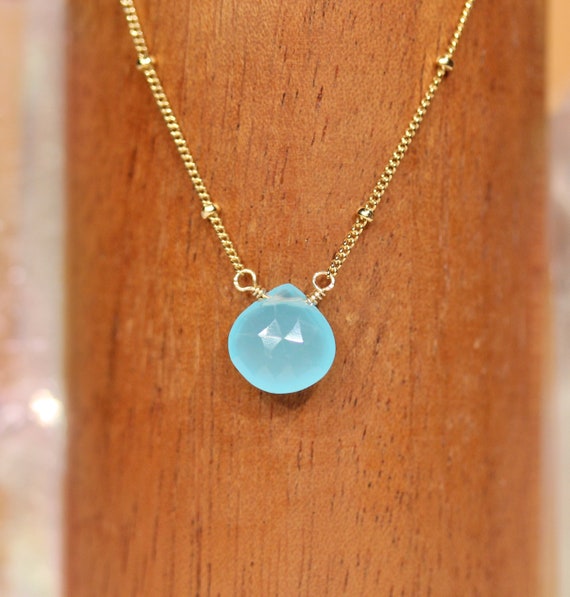 Chalcedony necklace, blue gemstone necklace, layering necklace, solitaire, saints blue gem necklace