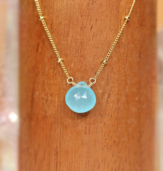 Chalcedony necklace, blue gemstone necklace, layering necklace, solitaire, saints blue gem necklace