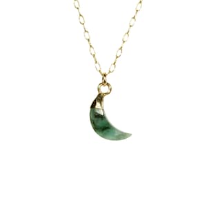 Emerald Moon Necklace, Green Crystal Crescent Moon Celestial Pendant, 14K Gold Filled Chain