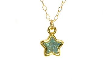 Star necklace, crystal star pendant, quartz star, druzy star jewelry, little gold star charm necklace, 14k gold filled chain