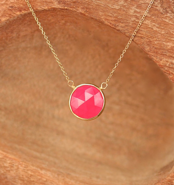 Pink chalcedony necklace - gold bezel necklace - october birthstone jewelry - floating necklace - circle necklace